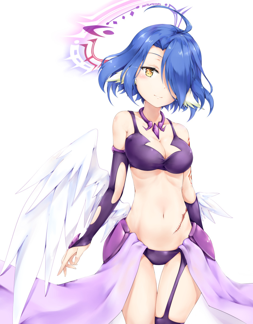 1girl absurdres ahoge arm_at_side arm_tattoo bikini blue_hair blush breasts closed_mouth collarbone cowboy_shot feathered_wings garter_straps hair_over_one_eye halo head_tilt highres ikasoke_(likerm6au) light_smile looking_at_viewer low_wings medium_breasts navel no_game_no_life purple_bikini purple_legwear raphael_(no_game_no_life) scar short_hair single_thighhigh solo standing swimsuit tattoo thigh-highs thigh_gap white_background white_wings wings yellow_eyes