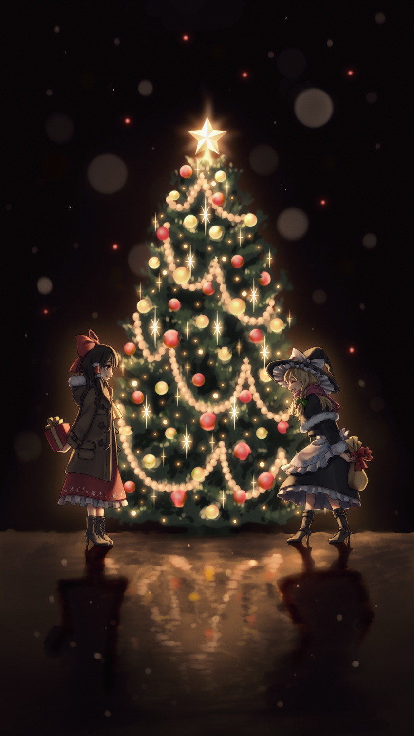 2girls apron ascot black_hair black_hat blonde_hair boots bow brown_footwear capelet christmas christmas_tree dark dtvisu from_side green_bow hair_bow hair_tubes hakurei_reimu hat hat_bow high_heels highres jacket kirisame_marisa leaning_forward looking_at_another multiple_girls pink_scarf pouch red_bow red_ribbon red_skirt ribbon scarf skirt smile sparkle standing star touhou waist_apron white_bow witch_hat yellow_neckwear