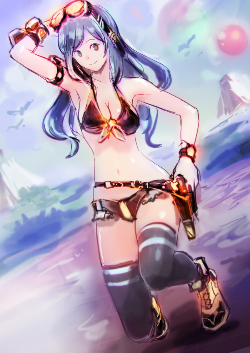 1girl absurdres bikini bikini_top black_bikini black_hair breasts brown_eyes cleavage goggles goggles_on_head gun highres long_hair looking_at_viewer medium_breasts okuto original outdoors short_shorts shorts smile solo swimsuit thigh-highs warrior watch watch weapon