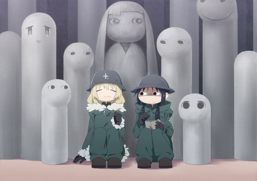 2girls black_gloves black_hair blonde_hair chito_(shoujo_shuumatsu_ryokou) closed_eyes eating food food_on_face fur_trim gloves knees_up looking_at_another low_twintails military military_uniform multiple_girls shaded_face shoujo_shuumatsu_ryokou sitting stahlhelm statue ttc twintails uniform yuuri_(shoujo_shuumatsu_ryokou)