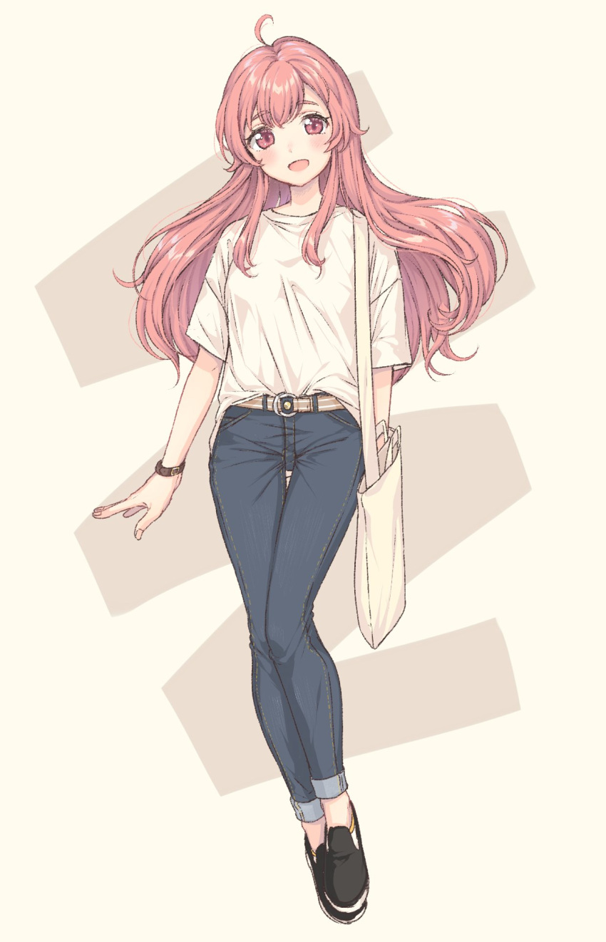 1girl :d ahoge bag bangs belt black_footwear blush casual commentary_request denim fashion full_body highres jeans long_hair looking_at_viewer nishizono_honoka open_mouth pants pink_eyes pink_hair shirt shoes shoulder_bag sidelocks smile solo thigh_gap tokyo_7th_sisters umeno_(shio1205) watch watch white_shirt