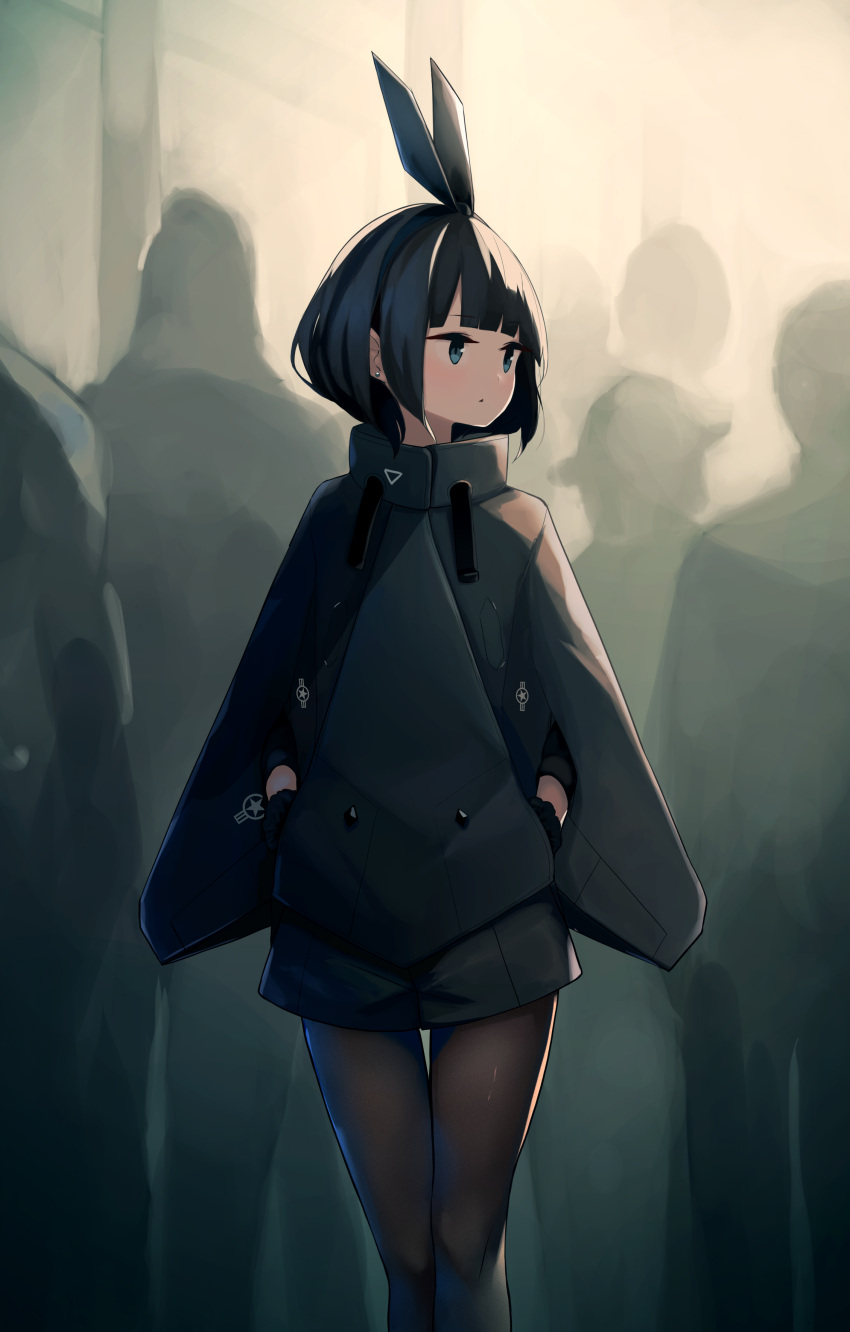 1girl absurdres bangs black_bow black_hair black_legwear black_shorts black_sweater blue_eyes blunt_bangs bow closed_mouth crowd dress fami_(yellow_skies) hair_bow hands_in_pockets highres jitome original pantyhose short_hair short_shorts shorts sidelocks solo sweater sweater_dress thighs