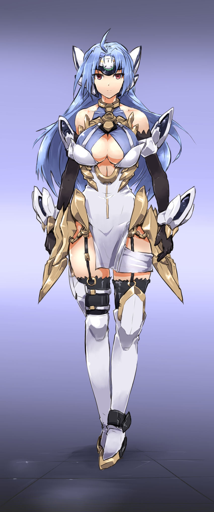 1girl absurdres ahoge android arm_guards bangs bare_shoulders black_gloves black_legwear blue_hair boots breasts closed_mouth depo_(typebaby505) dress elbow_gloves forehead_protector full_body garter_straps gloves headgear highres kos-mos kos-mos_ver._4 red_eyes sleeveless sleeveless_dress solo standing thigh-highs thigh_boots white_dress xenosaga xenosaga_episode_iii
