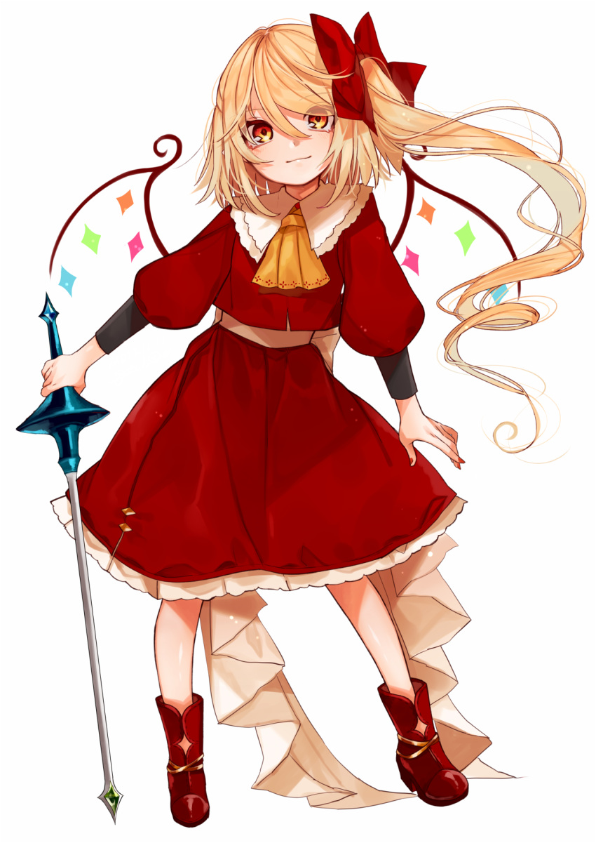 1girl ascot boots bow closed_mouth commentary_request flandre_scarlet full_body gotoh510 hair_between_eyes hair_bow highres holding holding_weapon long_hair looking_at_viewer nail_polish puffy_sleeves rapier red_bow red_footwear red_nails red_skirt side_ponytail simple_background skirt smile solo standing sword touhou weapon white_background wings