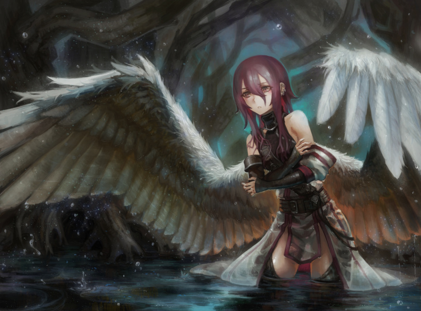 1girl bare_shoulders belt detached_sleeves ear_piercing feathered_wings large_wings original outdoors piercing redhead solo swamp tree violet_eyes visqi wading water water_drop white_wings wings