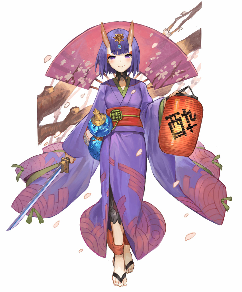 1girl absurdres akizone ankle_ribbon bangs barefoot black_choker blush bob_cut bottle cherry_blossoms choker commentary eyebrows_visible_through_hair eyelashes fan fang fate/grand_order fate_(series) full_body gem hair_ornament highres holding holding_lantern holding_sword holding_weapon horns japanese_clothes katana kimono lantern long_sleeves looking_at_viewer obi oni oni_horns outside_border paper_fan paper_lantern petals purple_hair ribbon sash short_hair shuten_douji_(fate/grand_order) smile solo standing sword thick_eyebrows violet_eyes weapon white_background wide_sleeves