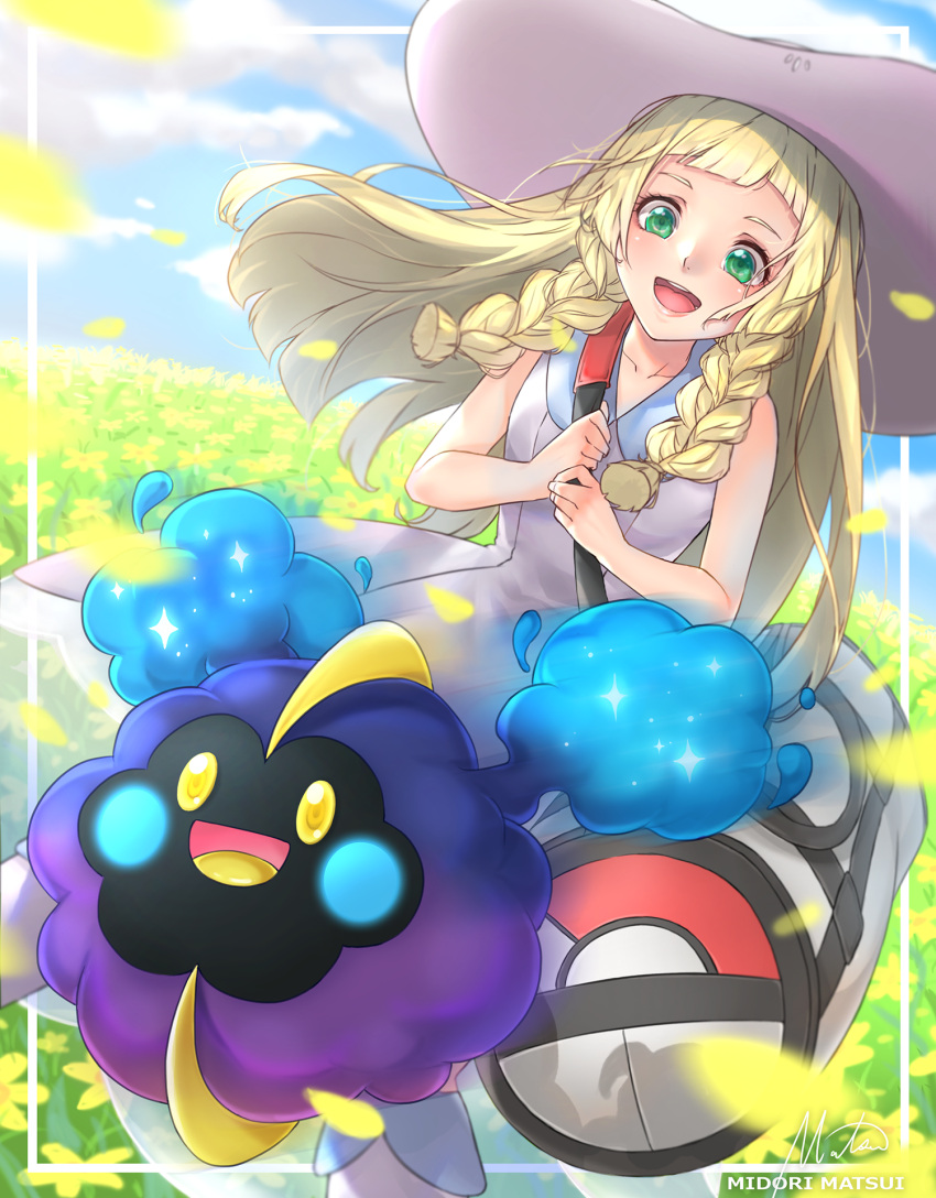 1girl bag blonde_hair braid clouds cosmog dress duffel_bag field flower flower_field green_eyes hat highres lillie_(pokemon) long_hair midori open_mouth petals poke_ball_theme pokemon pokemon_(creature) pokemon_(game) pokemon_sm sky sleeveless sleeveless_dress sun_hat twin_braids white_dress white_hat