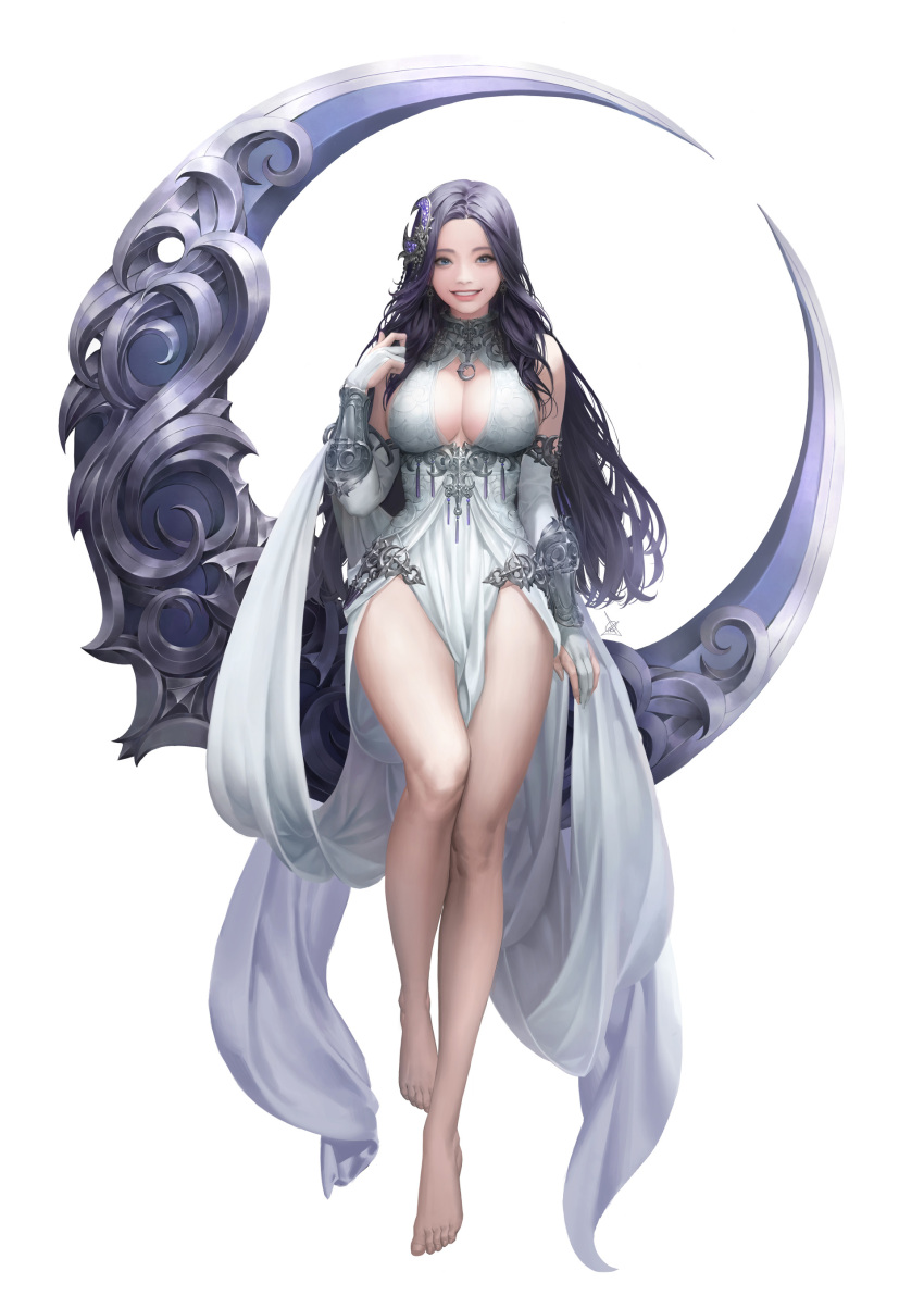 1girl absurdres bare_shoulders barefoot black_hair blue_eyes breasts cleavage crescent daeho_cha detached_sleeves dress earrings gloves hair_ornament highres jewelry large_breasts league_of_angels looking_at_viewer md5_mismatch multicolored_hair purple_hair simple_background smile solo thighs two-tone_hair white_dress