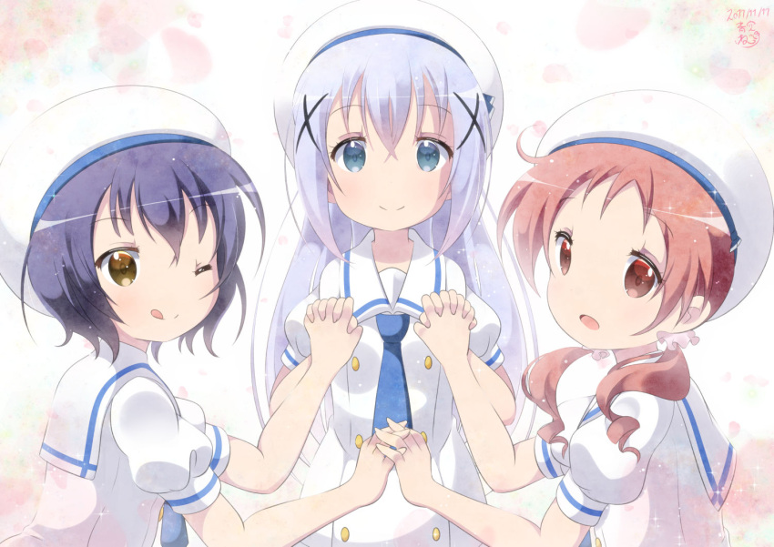 3girls :d ;q aosora_neko bangs beret blue_eyes blue_hair blue_neckwear chimame-tai closed_mouth commentary_request dated dress eyebrows_visible_through_hair flat_chest gochuumon_wa_usagi_desu_ka? hair_between_eyes hair_ornament hair_scrunchie hairclip hand_holding hat interlocked_fingers jouga_maya kafuu_chino kafuu_chino's_school_uniform light_blue_hair long_hair looking_at_viewer multicolored multicolored_background multiple_girls natsu_megumi necktie one_eye_closed open_mouth parted_bangs pink_scrunchie puffy_short_sleeves puffy_sleeves red_eyes redhead sailor_collar scrunchie short_hair short_sleeves sidelocks signature smile tongue tongue_out twintails upper_body wavy_hair white_dress white_hat x_hair_ornament yellow_eyes