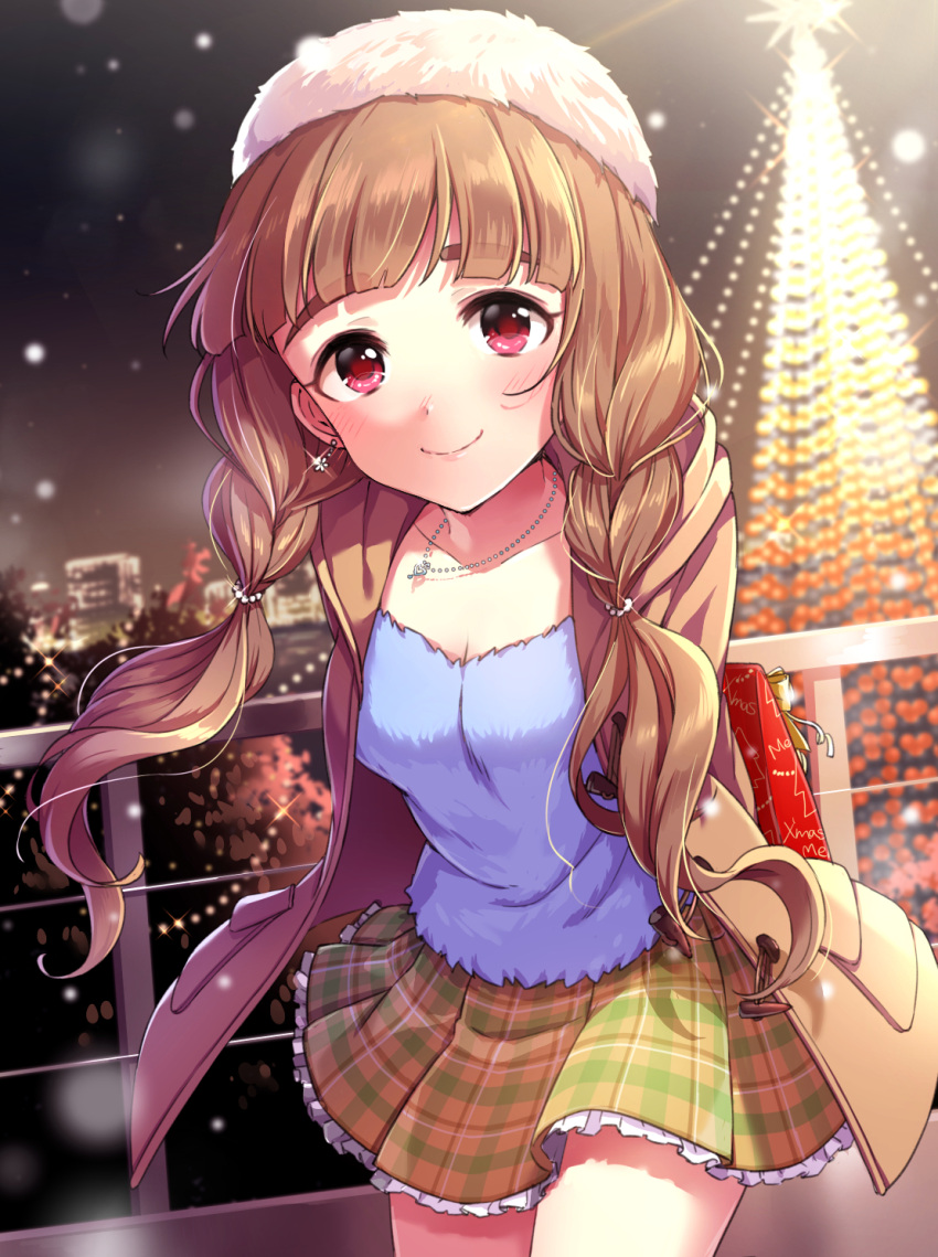 1girl alternate_hairstyle arms_behind_back blush brown_hair christmas christmas_lights christmas_tree cityscape gift highres idolmaster idolmaster_cinderella_girls idolmaster_cinderella_girls_starlight_stage jewelry kamiya_nao leaning_forward long_hair redhead skirt smile snow solo thick_eyebrows twintails winter_clothes zattape