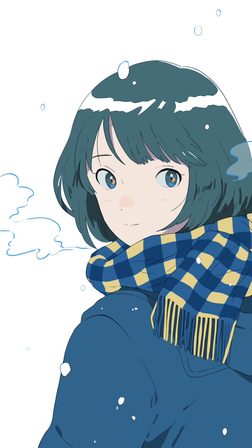 1girl bangs blue_eyes blue_hair blue_scarf closed_mouth coat from_behind gumi. highres looking_at_viewer looking_back original scarf short_hair smile snow winter_clothes