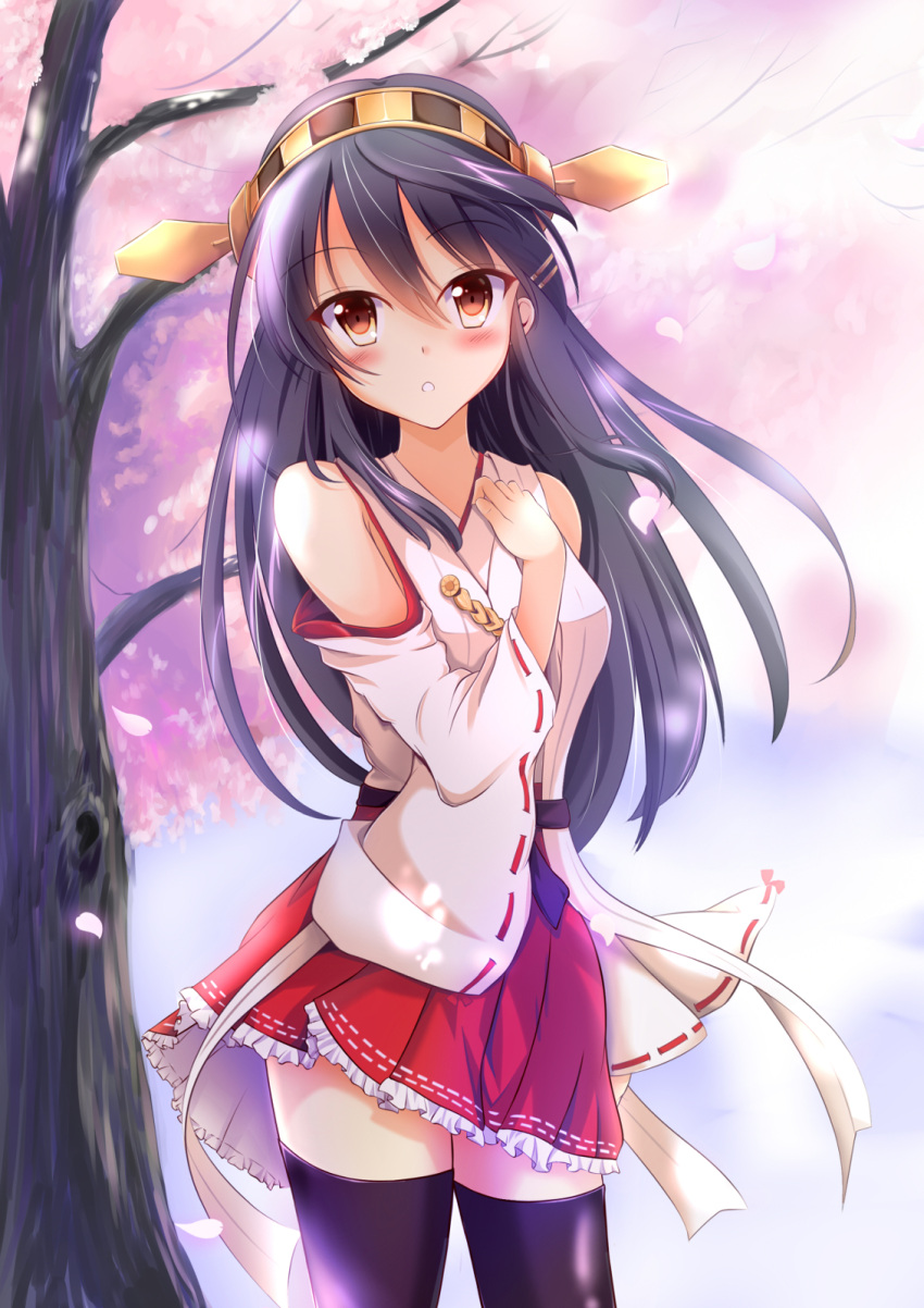 bare_shoulders black_hair cherry_blossoms detached_sleeves hair_ornament hairband hairclip haruna_(kantai_collection) headgear highres japanese_clothes kantai_collection long_hair nontraditional_miko petals radek_ken ribbon-trimmed_sleeves ribbon_trim tree