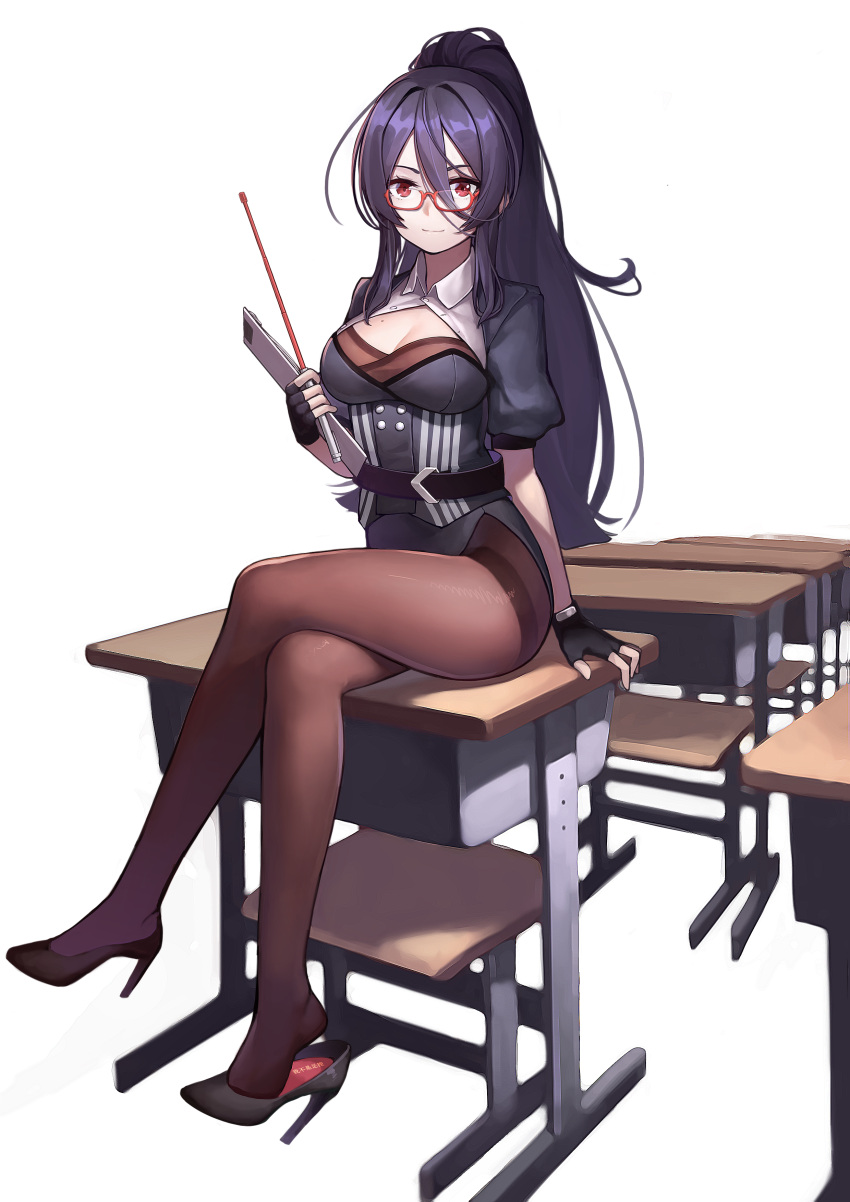 1girl absurdres bangs black_footwear black_legwear breasts clipboard closed_mouth desk hair_between_eyes high_heels highres holding jidong_zhandui large_breasts legs_crossed long_hair looking_at_viewer oboro_(jidong_zhandui) pantyhose pointer ponytail purple_hair qiongsheng red_eyes school_desk shoe_dangle simple_background smile solo thighband_pantyhose under-rim_eyewear very_long_hair white_background