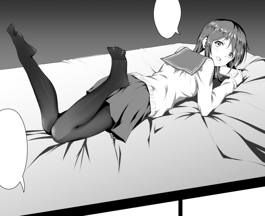1girl blank_speech_bubble blush cellphone commentary_request eyebrows_visible_through_hair greyscale himitsu_(hi_mi_tsu_2) holding holding_phone legs_up long_sleeves lying monochrome no_shoes on_bed on_stomach open_mouth original pantyhose phone school_uniform serafuku skirt smartphone solo speech_bubble