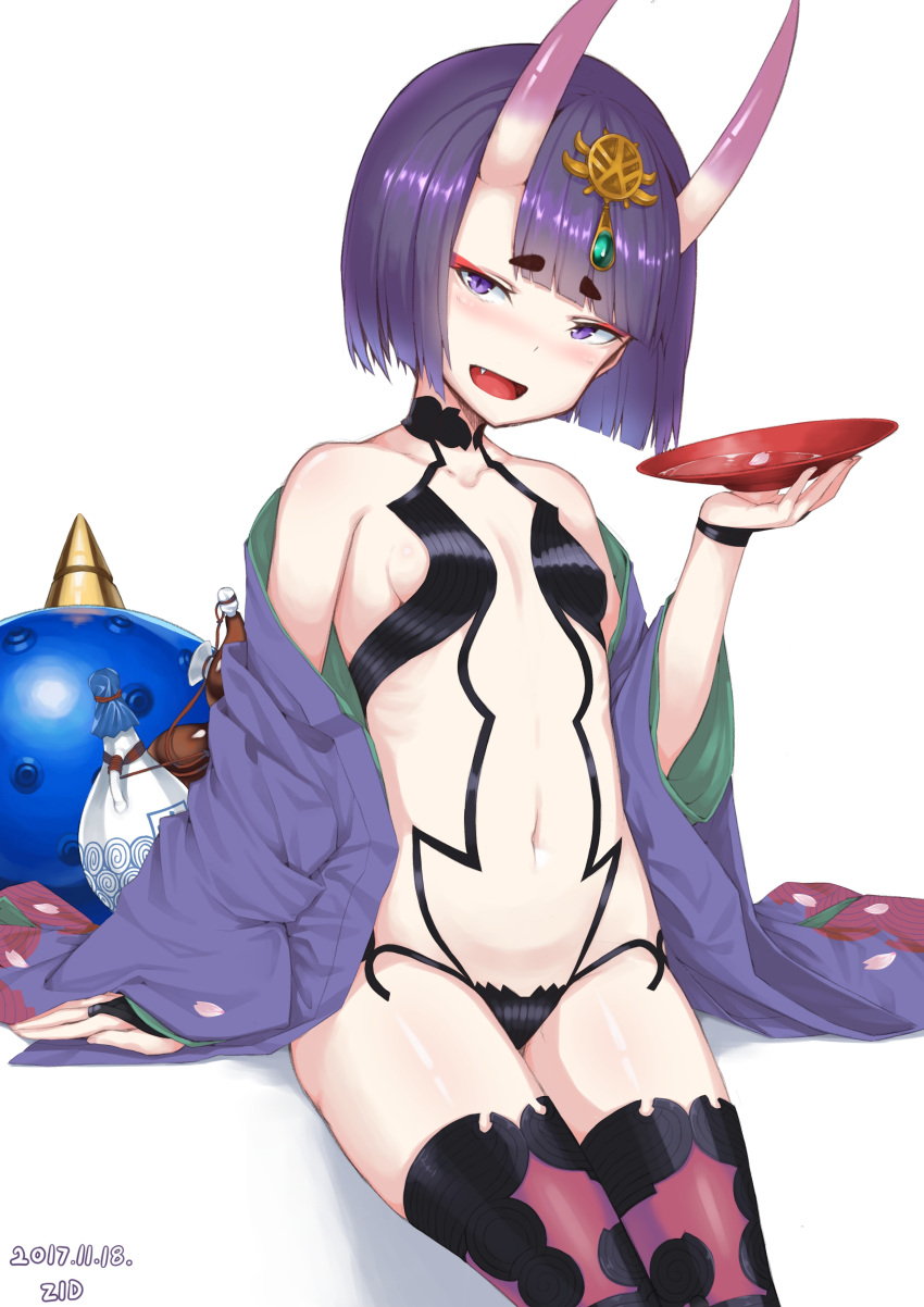 1girl :d absurdres alcohol breasts commentary_request cup fang fate/grand_order fate_(series) gogongzid highres horns navel oni oni_horns open_mouth pale_skin purple_hair sakazuki sake short_hair shuten_douji_(fate/grand_order) simple_background sitting slit_pupils small_breasts smile solo thigh-highs violet_eyes white_background