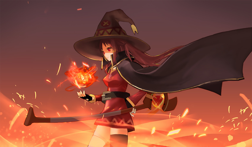 bandage bandaged_leg belt black_gloves black_legwear cape capelet collar dress fingerless_gloves gloves hat holding holding_staff kono_subarashii_sekai_ni_shukufuku_wo! magic_circle megumin mismatched_legwear red_dress red_eyes short_hair_with_long_locks single_thighhigh staff thigh-highs witch_hat