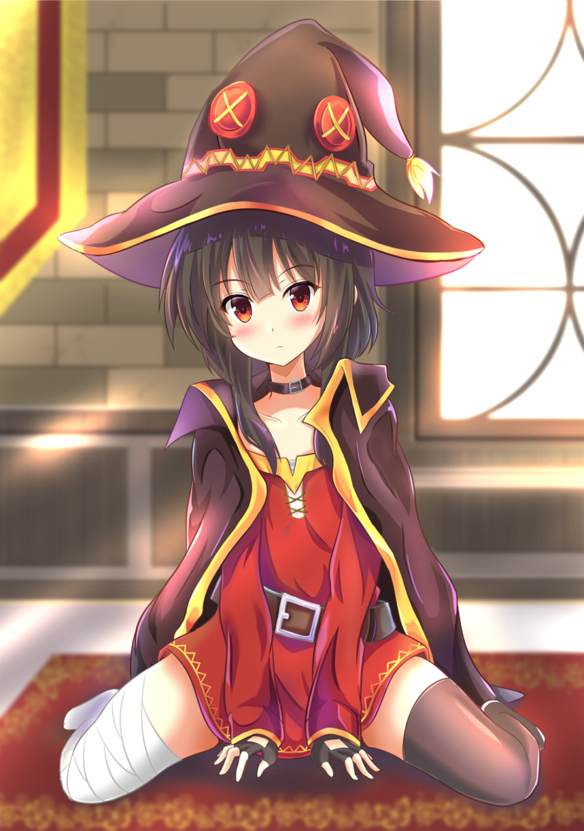 1girl bandage bandaged_leg belt black_gloves black_legwear blush cape collar dress fingerless_gloves gloves hat highres kono_subarashii_sekai_ni_shukufuku_wo! looking_at_viewer megumin mismatched_legwear radek_ken red_dress red_eyes short_hair_with_long_locks single_thighhigh sitting solo thigh-highs wariza witch_hat