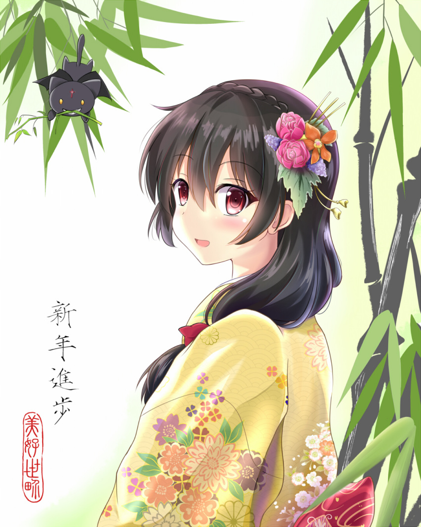 1girl bamboo black_hair blush braid breasts cat chomusuke floral_print flower graphite_(medium) hair_flower hair_ornament highres japanese_clothes kimono kono_subarashii_sekai_ni_shukufuku_wo! large_breasts long_hair looking_at_viewer new_year open_mouth radek_ken red_eyes smile traditional_media wide_sleeves yukata yunyun_(konosuba)