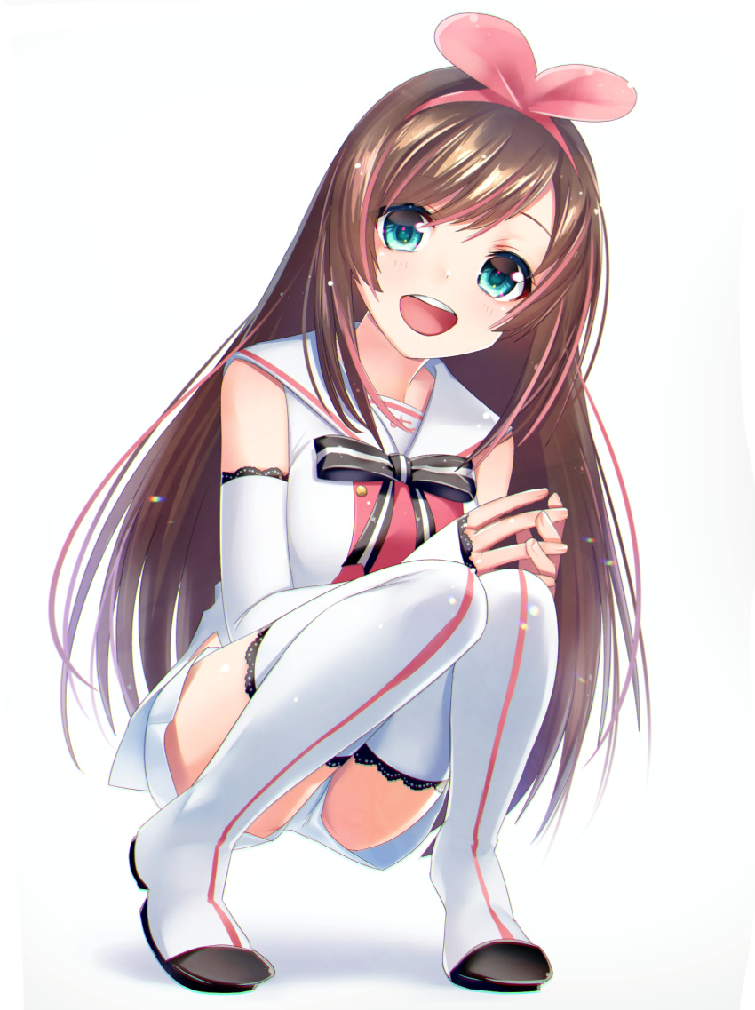 1girl a.i._channel ayamori_mimi blue_eyes blush bow breasts brown_hair hair_bow hairband highres kizuna_ai long_hair looking_at_viewer multicolored_hair open_mouth pink_bow sailor_collar smile solo squatting streaked_hair thigh-highs white_legwear