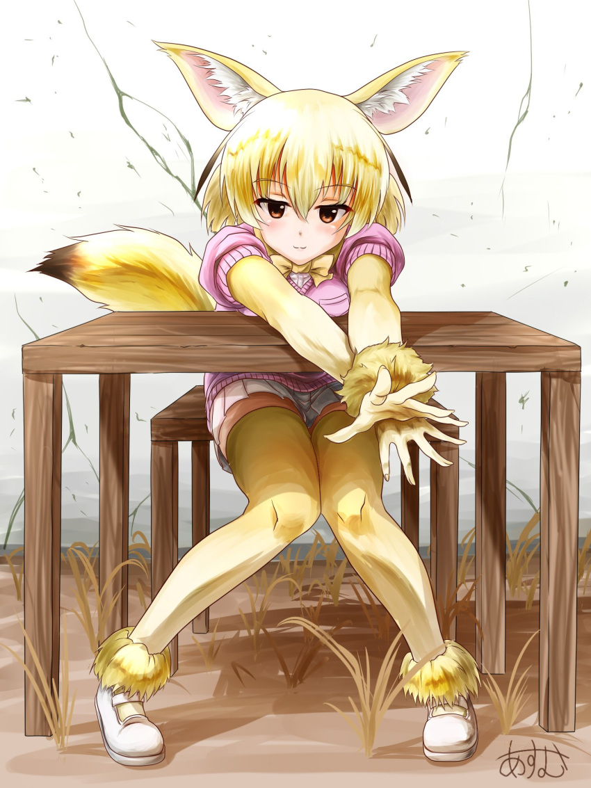 1girl :3 animal_ears blonde_hair bow bowtie breast_rest breasts brown_eyes chair commentary_request crossed_arms day fennec_(kemono_friends) fox_ears fox_tail fur_collar grass highres kemono_friends knees_together_feet_apart looking_at_viewer mary_janes outdoors outstretched_arms pink_sweater pleated_skirt shoes short_hair signature sitting skirt smug solo sweater table tail white_skirt yellow_legwear