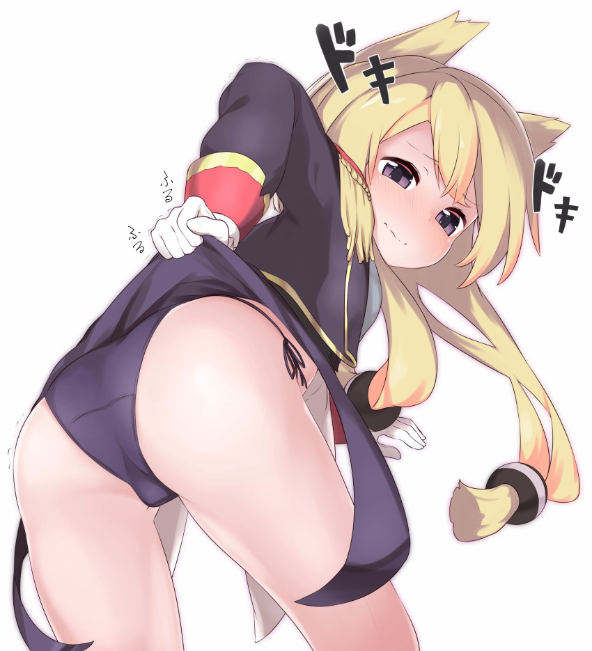 1girl absurdres animal_ears ass azur_lane bangs bent_over blonde_hair blue_panties blush closed_mouth epaulettes eyebrows_visible_through_hair from_behind gloves hair_bobbles hair_ornament half-closed_eyes highres legs_apart lifted_by_self long_hair long_sleeves looking_at_viewer looking_back military military_uniform panties relila short_hair_with_long_locks side-tie_panties sidelocks simple_background skirt skirt_lift solo tareme thighs trembling underwear uniform violet_eyes warspite_(azur_lane) wavy_mouth white_background white_gloves