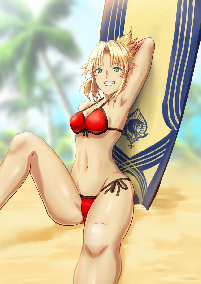 1girl :d absurdres arm_behind_head armpits artist_request bikini blonde_hair braid breasts cleavage fate/grand_order fate_(series) french_braid green_eyes groin groin_tendon highres legs medium_breasts mordred_(swimsuit_rider)_(fate) navel open_mouth palm_tree ponytail red_bikini saber_of_red sand side-tie_bikini sideboob smile solo surfboard swimsuit thighs tree