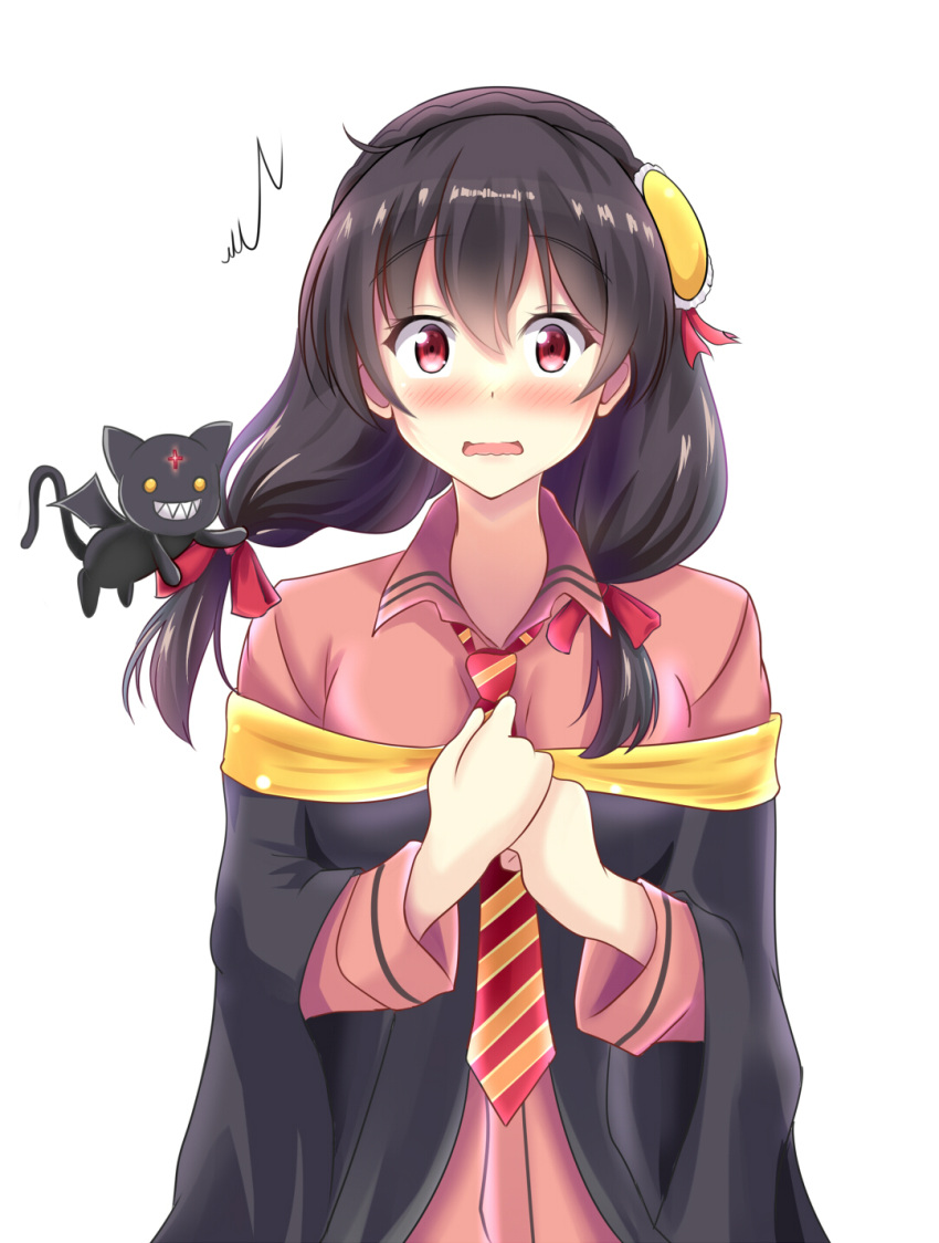 1girl black_hair blush braid breasts cat chomusuke hair_ornament highres kono_subarashii_sekai_ni_shukufuku_wo! large_breasts long_hair looking_at_viewer necktie open_mouth radek_ken red_eyes yunyun_(konosuba)