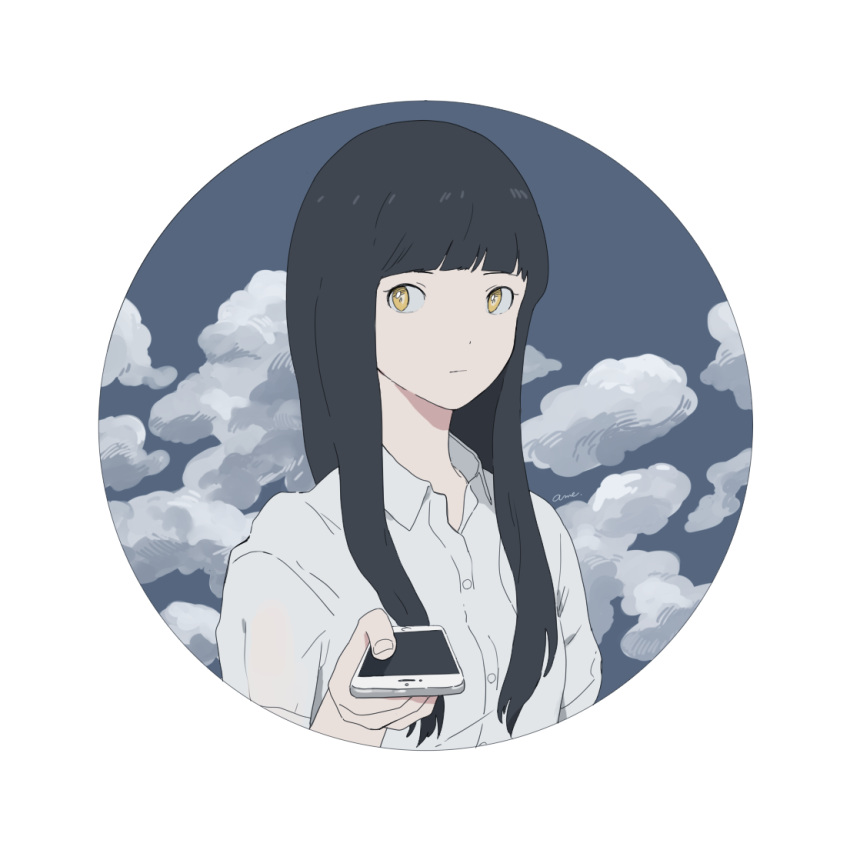 1girl bangs black_hair blue_sky blunt_bangs cellphone closed_mouth clouds collared_shirt framed gumi. holding holding_phone long_hair looking_at_viewer original phone shirt sky smartphone solo wing_collar yellow_eyes