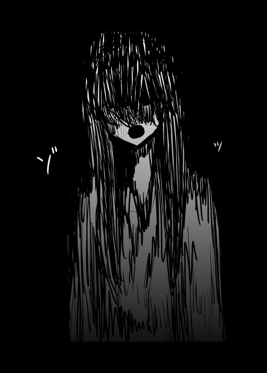 1girl black_background comic greyscale hair_over_eyes highres looking_at_viewer mochi_au_lait monochrome open_mouth original sketch