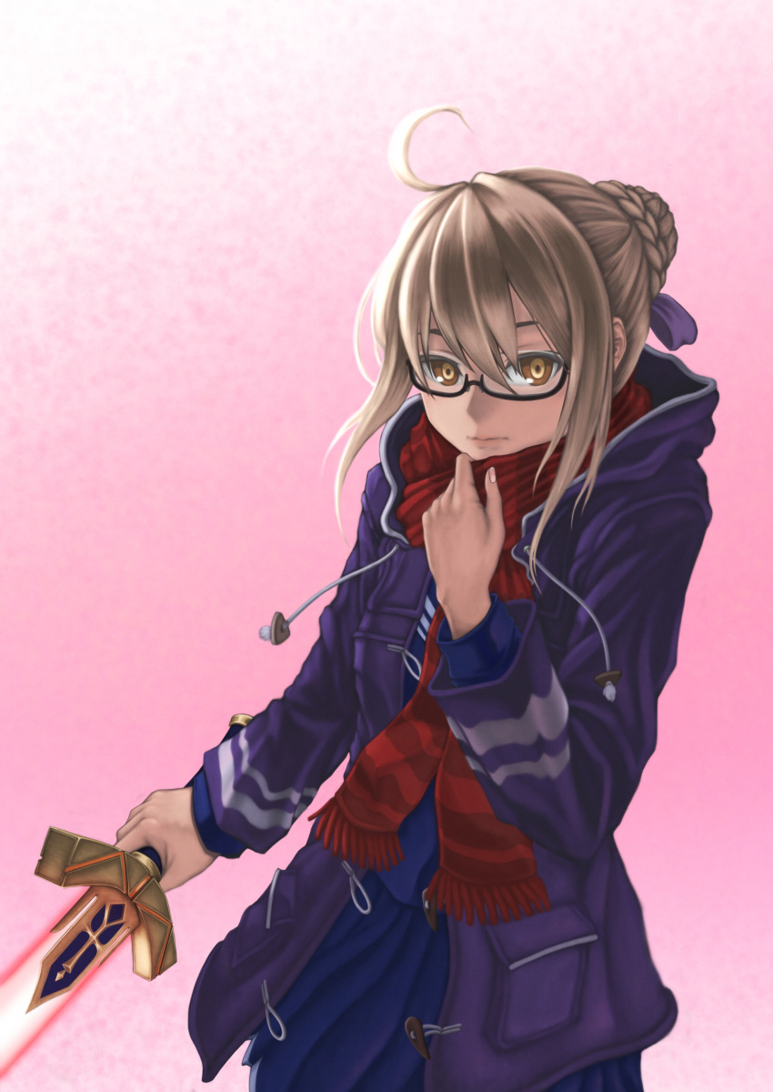 1girl absurdres ahoge artoria_pendragon_(all) black-framed_eyewear blonde_hair blush braid cowboy_shot drawstring excalibur eyebrows_visible_through_hair fate/grand_order fate_(series) french_braid glasses hair_between_eyes highres mysterious_heroine_x_(alter) red_skirt scarf scarf_grab semi-rimless_eyewear skirt solo sword under-rim_eyewear weapon yasu_(segawahiroyasu) yellow_eyes