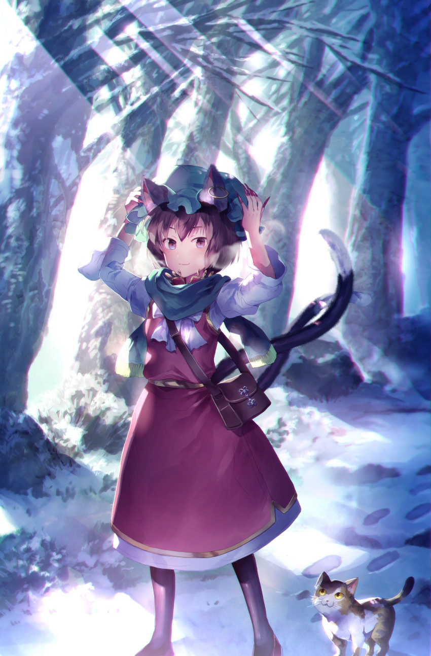 1girl :3 animal_ears bag brown_hair cat cat_ears cat_tail chen claws commentary_request earrings forest green_hat green_scarf hat highres jewelry looking_at_viewer multiple_tails nail_polish nature red_nails scarf short_hair smile snow solo standing sunakumo tail touhou tree