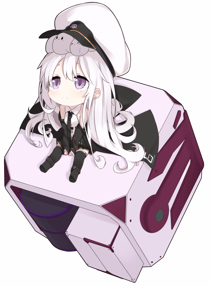 1girl absurdres azur_lane bangs between_legs black_footwear black_legwear black_neckwear blush boots cabinet chibi closed_mouth coat enterprise_(azur_lane) full_body half-closed_eyes hand_between_legs hat highres knee_boots long_hair necktie open_clothes open_coat peaked_cap relila shirt simple_background smile solo tareme thigh-highs very_long_hair violet_eyes white_background white_hair white_shirt