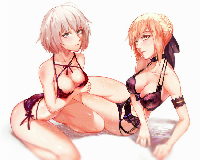 2girls afternoir arm_support artoria_pendragon_(all) bikini blonde_hair braid breasts cleavage fate/grand_order fate_(series) french_braid groin highres jeanne_alter jeanne_d'arc_(alter)_(fate) jeanne_d'arc_(fate)_(all) kneeling medium_breasts multiple_girls saber short_hair swimsuit thighs white_background yellow_eyes