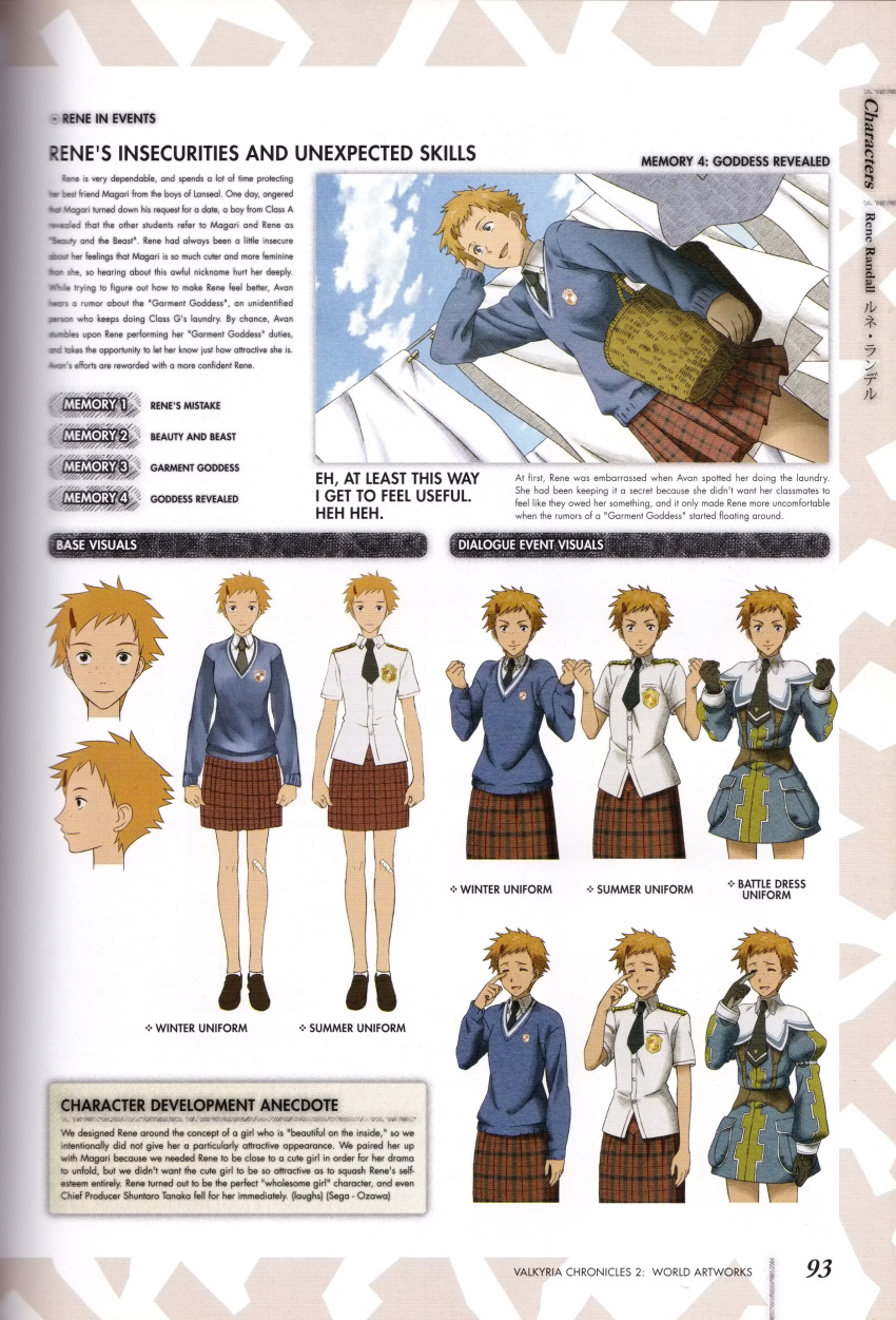 1girl absurdres character_name character_sheet clouds freckles hair_ornament hairclip highres honjou_raita miniskirt necktie official_art open_mouth orange_hair rene_randall school_uniform senjou_no_valkyria senjou_no_valkyria_2 short_hair skirt sky solo