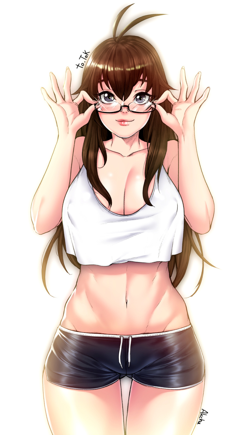1girl absurdres akchu antenna_hair artist_name bare_arms bare_legs bare_shoulders blue_eyes blue_shorts blush boyshorts breasts brown_hair cleavage closed_mouth collarbone cowboy_shot crop_top crop_top_overhang drawstring eyelashes fingernails glint gluteal_fold groin hand_on_eyewear hands_up highres large_breasts long_fingernails long_hair looking_at_viewer midriff navel original pink_lips shirt short_shorts shorts simple_background sleeveless sleeveless_shirt smile solo standing stomach thigh_gap white_background white_shirt