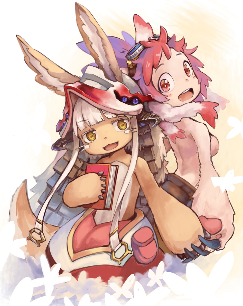 2girls animal_ears back-to-back bangs blunt_bangs book darkers eyebrows_visible_through_hair furry goggles goggles_on_head hand_holding helmet highres made_in_abyss mitty_(made_in_abyss) multiple_girls nanachi_(made_in_abyss) open_mouth red_eyes redhead sidelocks tail topless whiskers white_hair yellow_eyes