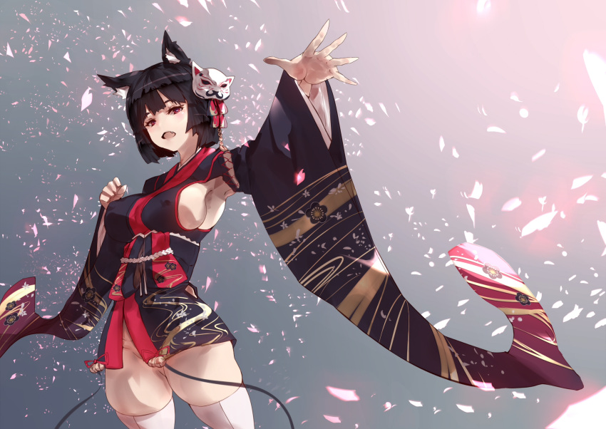1girl :d agovitch animal_ears armpits azur_lane bell black_hair blush breasts clenched_hand cowboy_shot erect_nipples eyebrows_visible_through_hair fang floral_print furisode groin hair_ornament head_tilt highres japanese_clothes jingle_bell kimono kimono_skirt large_breasts long_sleeves looking_at_viewer no_panties open_mouth outstretched_arm short_hair skindentation smile solo thigh-highs white_legwear yamashiro_(azur_lane)