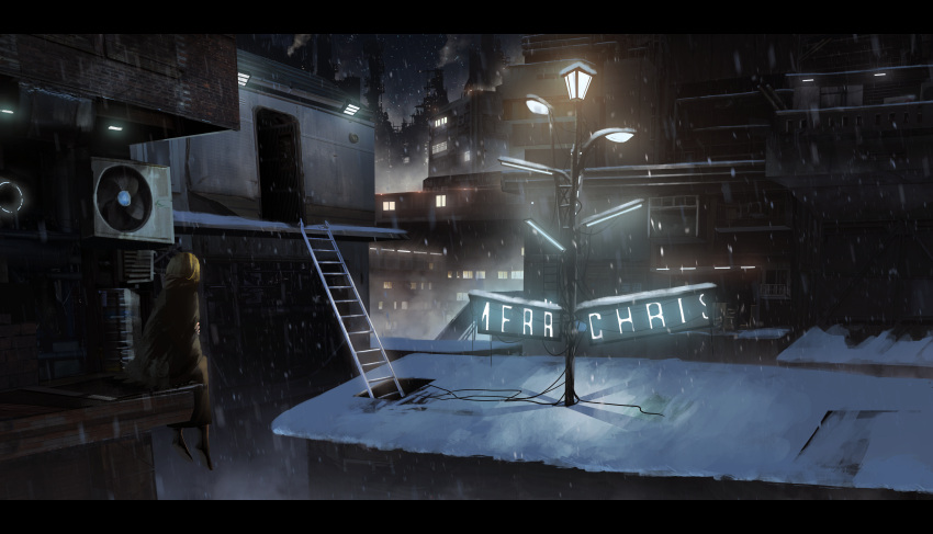1girl absurdres air_conditioner asuteroid blonde_hair city commentary_request door foot_dangle from_behind highres ladder lamppost letterboxed long_hair merry_christmas night original outdoors robe rooftop scenery sitting smoke snow snowing solo