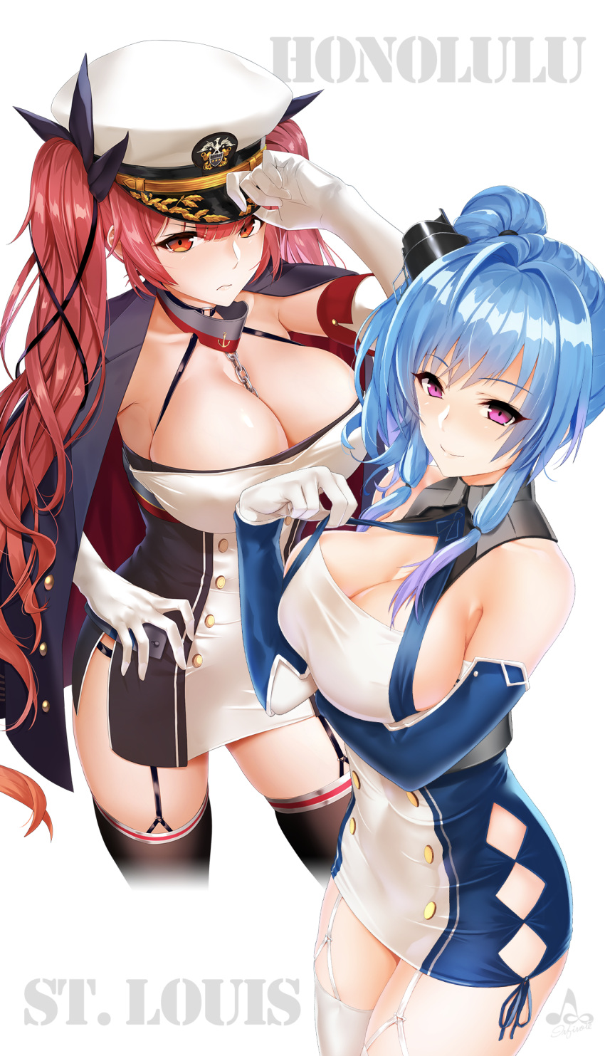 2girls adjusting_clothes adjusting_hat artist_name azur_lane bangs bare_shoulders between_breasts black_footwear black_hat black_jacket black_legwear black_ribbon blue_gloves blue_hair blue_ribbon breast_hold breasts chains character_name cleavage closed_mouth collar collarbone cowboy_shot cropped_legs double-breasted dress elbow_gloves emblem garter_straps gloves hair_bun hair_ribbon hand_on_headwear hand_on_hip hat highres honolulu_(azur_lane) infinote jacket jacket_on_shoulders large_breasts legs_apart long_hair looking_at_viewer mini_hat multiple_girls peaked_cap pink_eyes ribbon serious shiny shiny_hair short_dress side_bun side_slit smile st._louis_(azur_lane) thigh-highs tsurime twintails unbuttoned very_long_hair white_dress white_gloves white_hat white_legwear