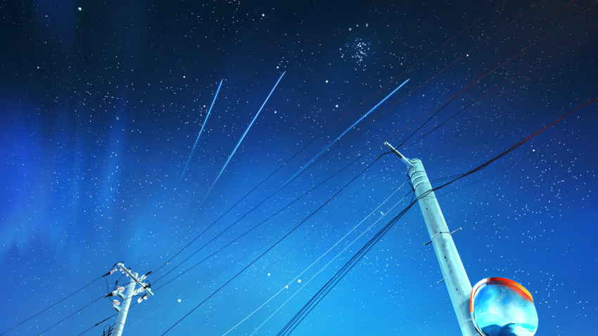 absurdres aurora banishment blue_sky highres night night_sky no_humans original outdoors power_lines scenery shooting_star sky star_(sky) starry_sky telephone_pole traffic_mirror