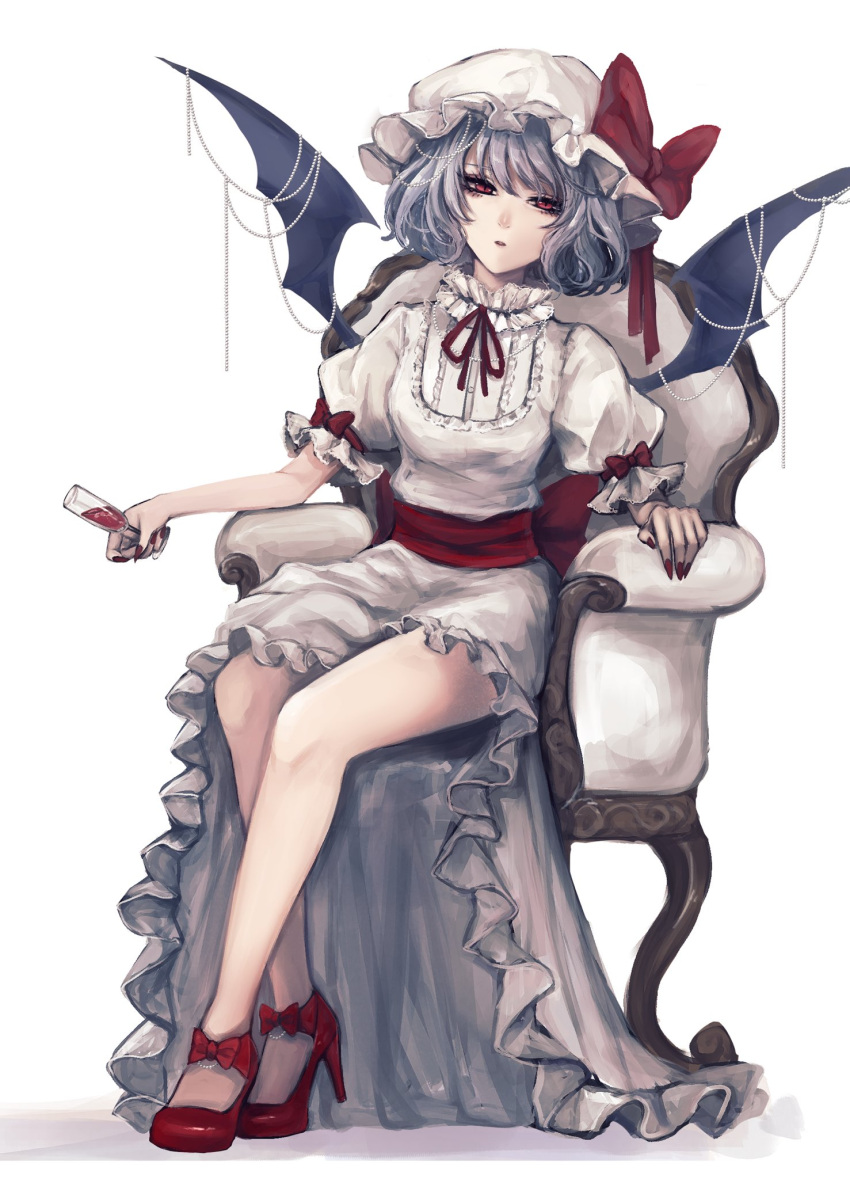 1girl bare_legs bat_wings blue_hair bow chair cup drinking_glass fingernails full_body hat hat_bow high_heels highres holding holding_drinking_glass kyogoku-uru long_fingernails looking_at_viewer mob_cap nail_polish puffy_short_sleeves puffy_sleeves red_bow red_eyes red_footwear red_nails remilia_scarlet sash shoe_bow shoes short_sleeves simple_background sitting skirt solo touhou white_background white_hat white_skirt wings