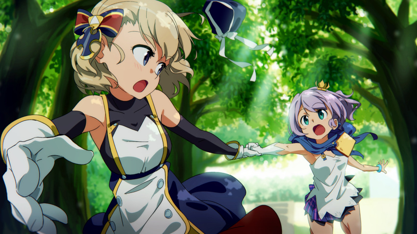 2girls azur_lane bangs bare_shoulders black_gloves blonde_hair blue_eyes blue_scarf blush bow bracelet crown dappled_sunlight day dress elbow_gloves eye_contact eyebrows_visible_through_hair foreshortening forest gloves green_eyes hair_bow hair_ornament hand_holding highres javelin_(azur_lane) jewelry looking_at_another mini_crown multiple_girls nature open_mouth outdoors perspective purple_hair running scarf short_dress short_hair single_glove sunlight tomato_(lsj44867) tree white_dress white_gloves z23_(azur_lane)