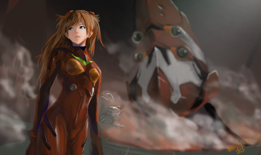 1girl absurdres blue_eyes brown_hair cowboy_shot eva_02 highres long_hair looking_away mecha mist-yuri neon_genesis_evangelion plugsuit solo souryuu_asuka_langley