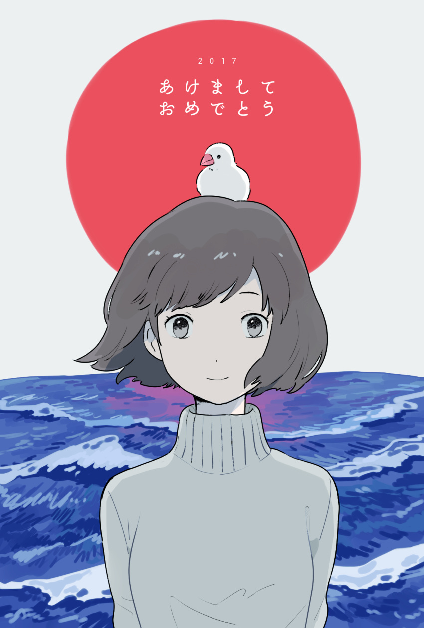 1girl 2017 animal animal_on_head bird bird_on_head bob_cut grey_eyes grey_hair grey_sweater gumi. highres long_sleeves looking_at_viewer nengajou new_year ocean on_head original short_hair smile solo sweater turtleneck turtleneck_sweater upper_body waves