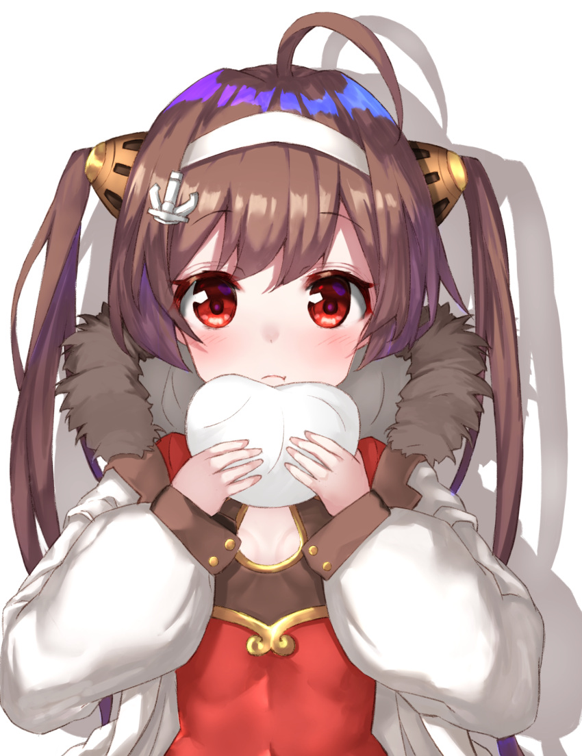 1girl :t ahoge anchor_hair_ornament azur_lane baozi blush breasts brown_hair china_dress chinese_clothes cleavage_cutout closed_eyes closed_mouth coat dress eating eyebrows_visible_through_hair food fur_trim hair_ornament hairband highres holding holding_food long_hair long_sleeves looking_at_viewer multicolored_hair open_clothes open_coat ping_hai_(azur_lane) purple_hair red_dress red_eyes shadow simple_background small_breasts tareme twintails two-tone_hair upper_body white_background white_coat white_hairband yuuki_nao_(pixiv10696483)