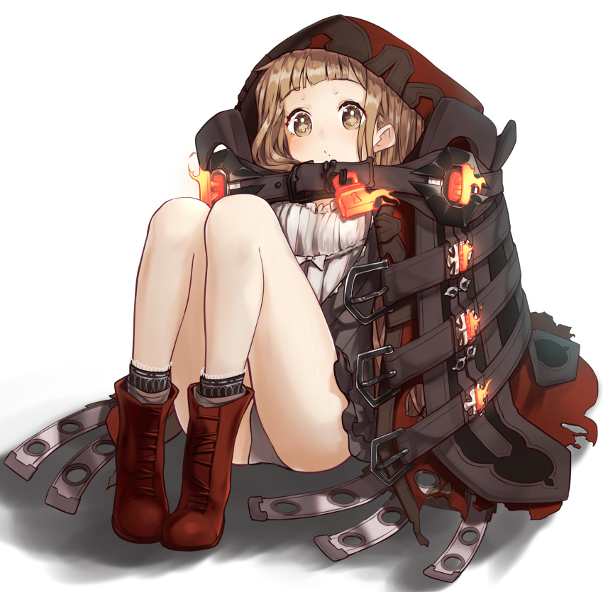 1girl absurdres bangs belt blush brown_eyes brown_hair closed_mouth coat eyebrows_visible_through_hair full_body highres hood_up knees_up legs_together little_red_riding_hood_(sinoalice) lock open_clothes open_coat pigeon-toed relila sidelocks simple_background sinoalice sitting solo symbol-shaped_pupils tareme thighs white_background