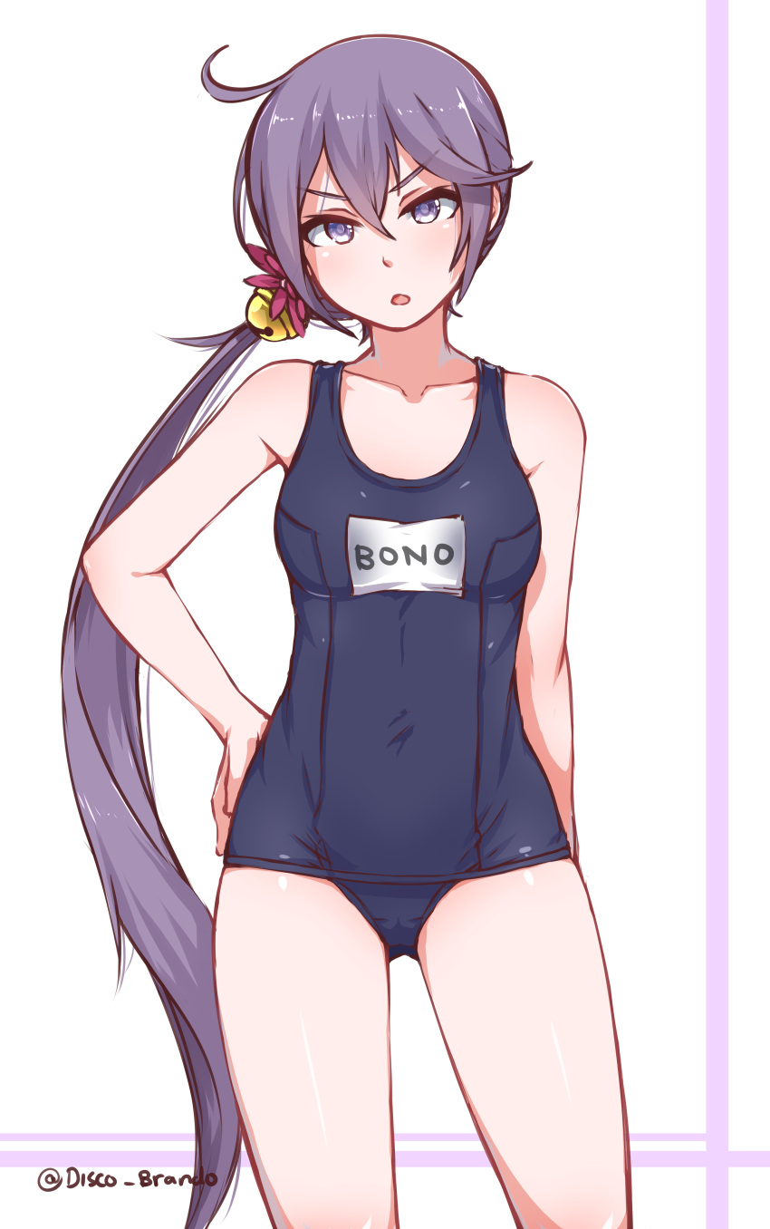 1girl :o absurdres ahoge akebono_(kantai_collection) arm_at_side bare_arms bare_shoulders bell blue_swimsuit blush breasts character_name collarbone competition_school_swimsuit disco_brando flower hair_bell hair_between_eyes hair_flower hair_ornament hand_on_hip highres jingle_bell kantai_collection legs_apart long_hair looking_at_viewer low_ponytail name_tag open_mouth purple_hair simple_background small_breasts solo swimsuit thighs tsurime twitter_username two-tone_background v-shaped_eyebrows very_long_hair violet_eyes white_background