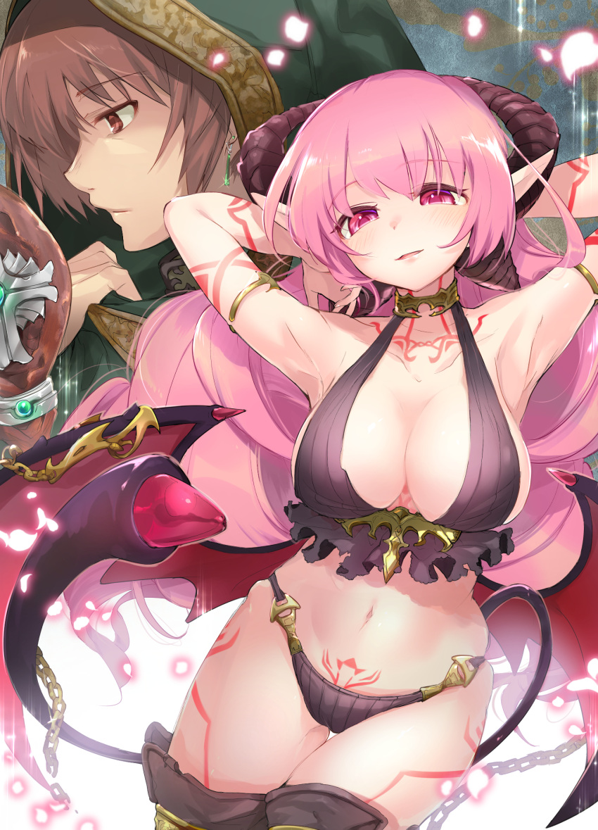 1boy 1girl armpits arms_behind_head bangs black_panties blush breasts chains choker demon_girl demon_horns demon_tail demon_wings highres hood horns kurimochi_chizuru large_breasts long_hair looking_at_viewer navel original panties parted_lips pink_eyes pink_hair pointy_ears revealing_clothes smile stomach succubus tail tail_mouth tattoo thigh-highs thigh_gap underwear very_long_hair wings