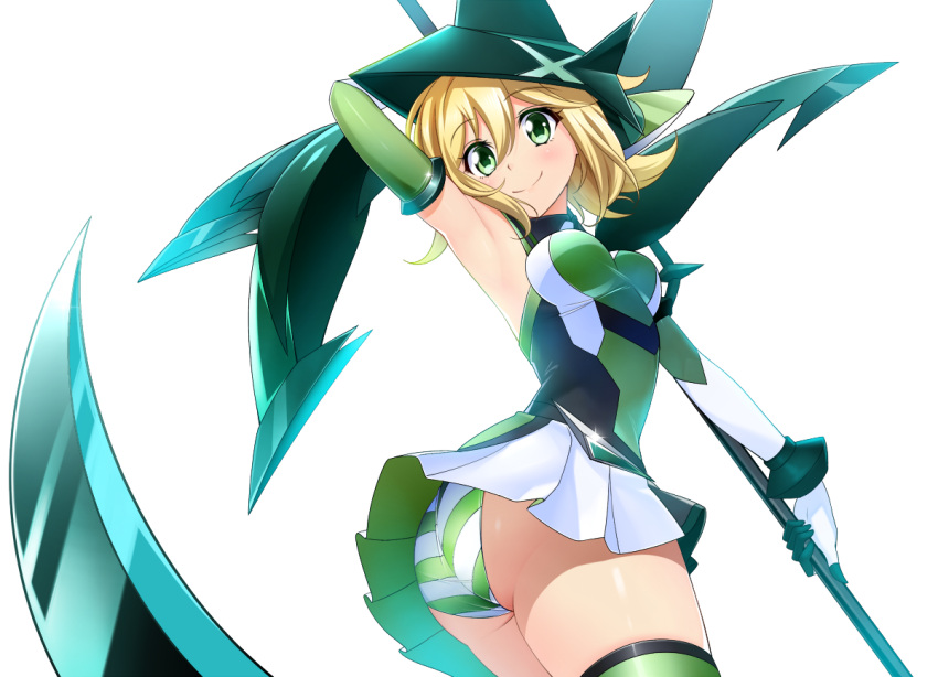 1girl akatsuki_kirika arm_up ass blonde_hair breasts closed_mouth commentary_request elbow_gloves eyebrows_visible_through_hair from_behind gloves green_eyes headgear holding holding_weapon leotard looking_at_viewer looking_back medium_breasts nyanmaru scythe senki_zesshou_symphogear shiny shiny_hair shiny_skin short_hair simple_background skirt smile solo standing striped thigh-highs upskirt weapon white_background