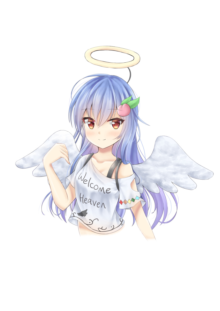 1girl absurdres akiteru98 angel_wings blue_hair blush bra_strap brown_eyes closed_mouth clothes_writing cosplay cropped_torso english eyebrows_visible_through_hair food_themed_hair_ornament hair_between_eyes hair_ornament halo hecatia_lapislazuli hecatia_lapislazuli_(cosplay) highres hinanawi_tenshi long_hair looking_at_viewer off-shoulder_shirt off_shoulder peach_hair_ornament shirt simple_background smile solo touhou white_background white_shirt wings